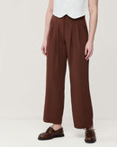 CALÇA RETA CROPPED COM PREGAS E MEIO CÓS ELÁSTICO - MARROM