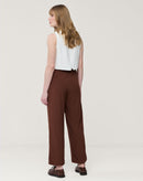 CALÇA RETA CROPPED COM PREGAS E MEIO CÓS ELÁSTICO - MARROM