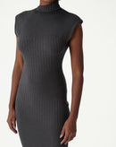 VESTIDO MÍDI TRICOT SEM CAVA RIB - CINZA MESCLA ESCURO