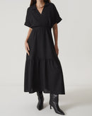 VESTIDO LONGO DECOTE V COM GOLA - PRETO